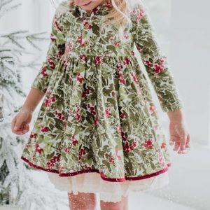 Sweet Honey Christmas Holly Berry Dress with red tie and buttons 3T